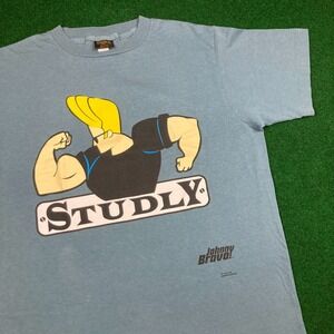 Vintage Johnny Bravo Shirt Mens L Blue 1998 Studly Cartoon Network Promo 90s USA